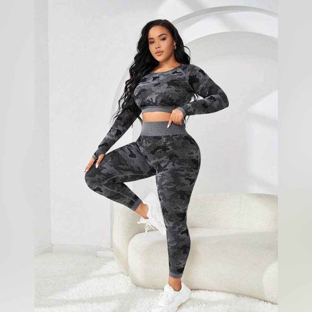 SHEIN Gray and Black Camouflage Workout Set